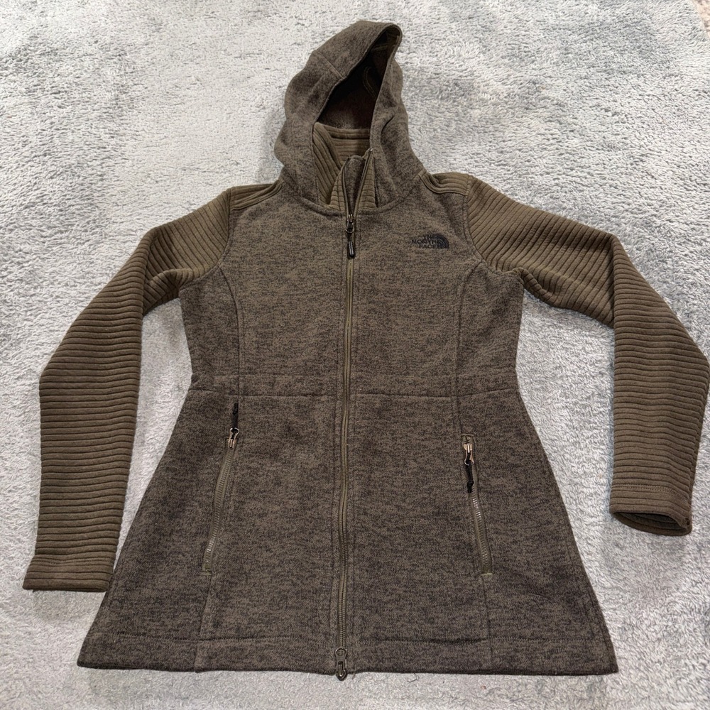 The North Face Women Small Brown Fleece Full Zip Hooded Jacket Ribbed Sleeve